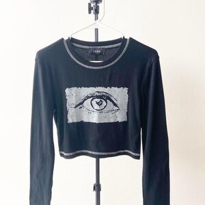 Cider Black Long-Sleeve Crop Top with Eye Graphic